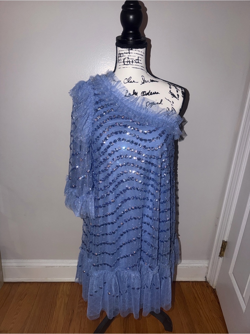 Preloved Needle & Thread Periwinkle One-Shoulder Ruffle with sequins dress sz 8